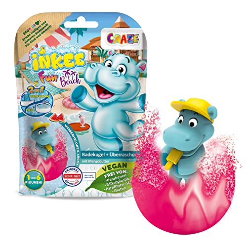 CRAZE INKEE Fun Beach kula do kąpieli dla dzieci z niespodzianką, bomba do kąpieli dla dzieci ze stemplem hippo, z masłem mango i zapachem arbuza