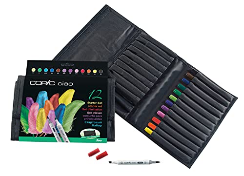 COPIC Ciao Marker Zestaw 12 w portfelu, uniwersalne markery do układania na bazie alkoholu z jedną końcówką o średniej szerokości i jedną pędzelkową