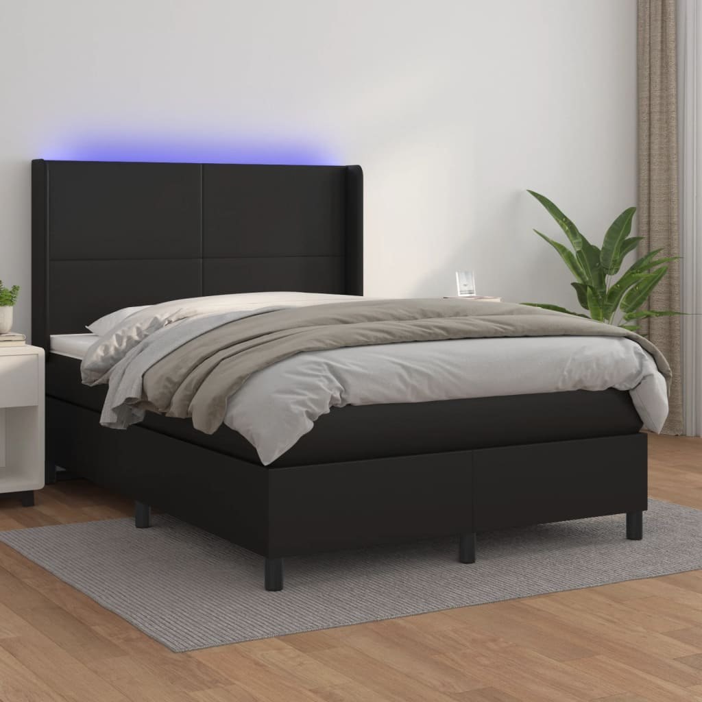 Lumarko Łóżko kontynentalne  materac i LED  czarna ekoskóra  140x190 cm