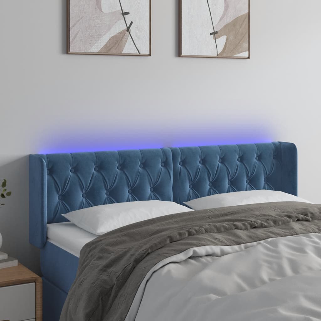 Lumarko Zagłówek do łóżka z LED ciemnoniebieski 147x16x78/88 cm aksamit