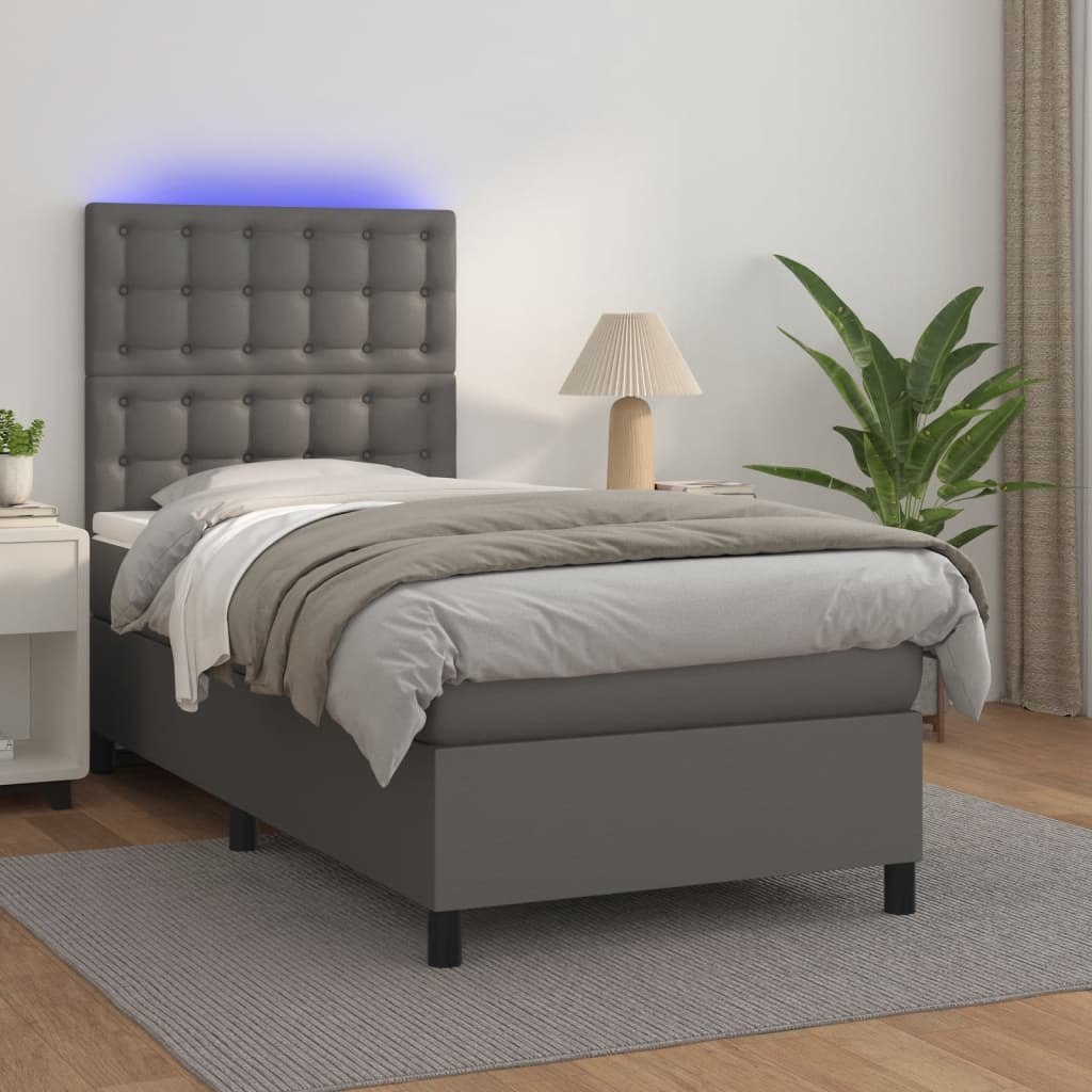 Lumarko Łóżko kontynentalne z materacem i LED, szara ekoskóra 100x200cm