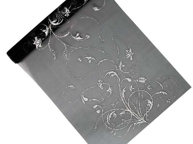 Party Deco Organza czarna z nadrukiem jednostronnym w kolorze srebrnym - 36 cm x 9 m. ORD3-010