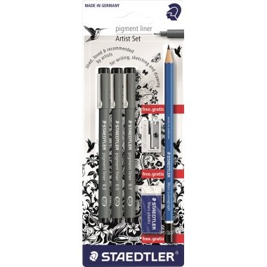 Staedtler 308 sbk3p Artist zestaw 3 Pigment liner 0.3, 0.5, 0.7 i ołówek, gumka, temperówka, gratis, czarna 308 SBK3P