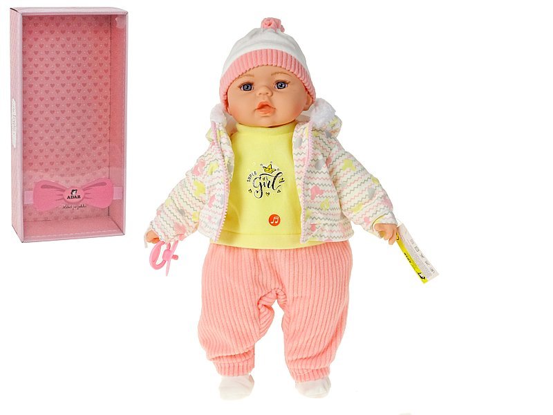 Lalka bobas 45cm w białej kurteczce ze wzorami z dźwiękiem mówi i śpiewa po polsku 565265-571792 w pudełku Adar
