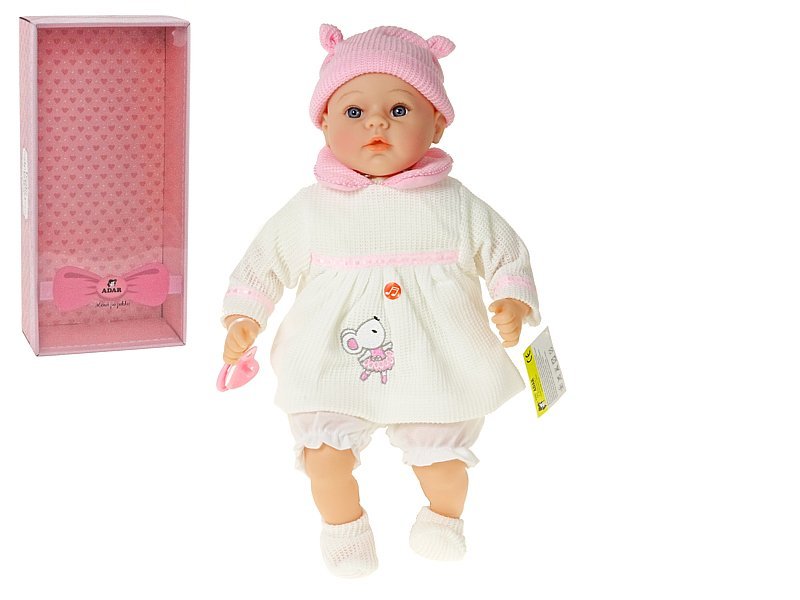 Adar, Lalka bobas 45cm w białej sukience gumowe nogi mówi i śpiewa po polsku 565135-565159 w pudełku