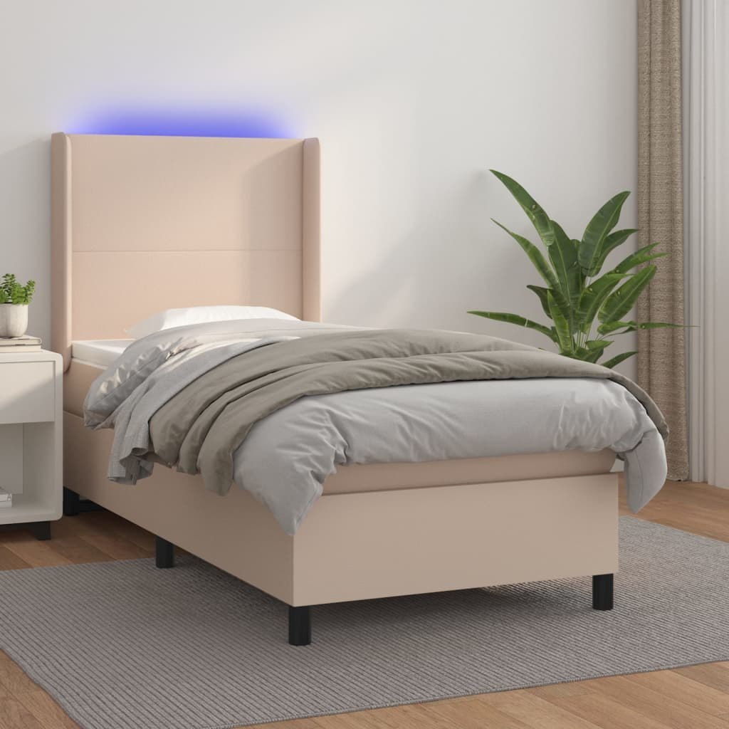 Lumarko Łóżko kontynentalne, materac i LED cappuccino ekoskóra 90x190cm