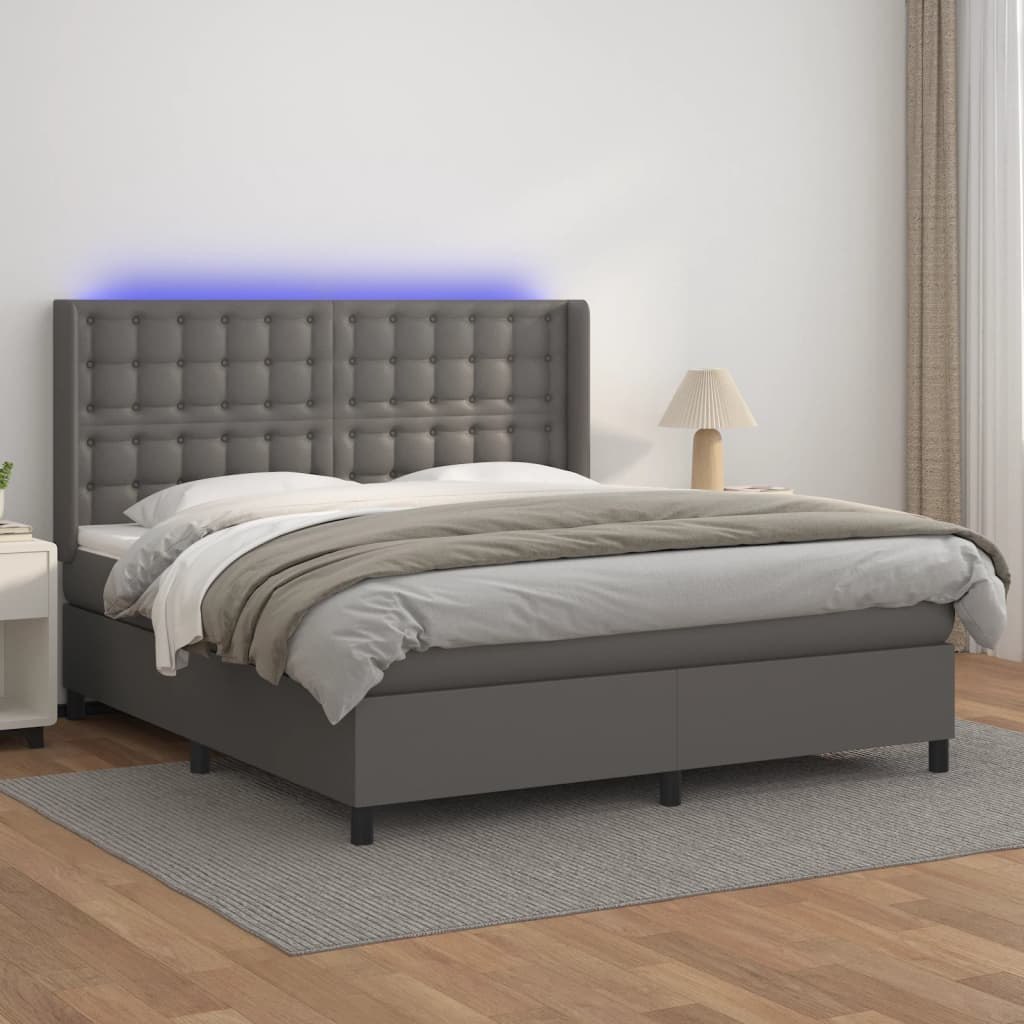 Lumarko Łóżko kontynentalne z materacem i LED, szara ekoskóra 160x200cm