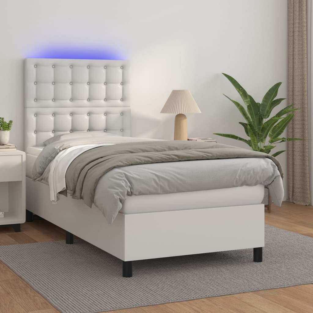 Lumarko Łóżko kontynentalne z materacem i LED, biała ekoskóra 90x200 cm