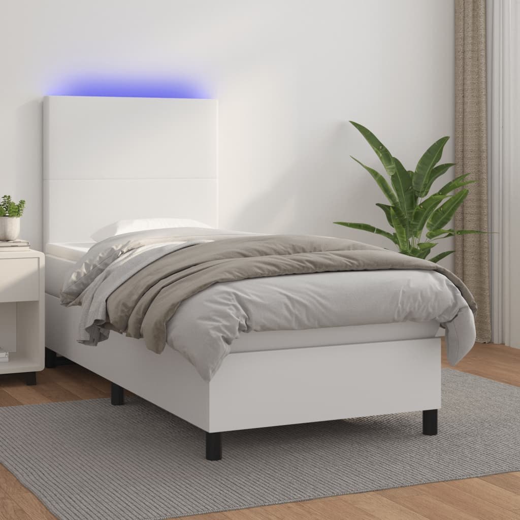 Lumarko Łóżko kontynentalne z materacem i LED, biała ekoskóra 90x190 cm