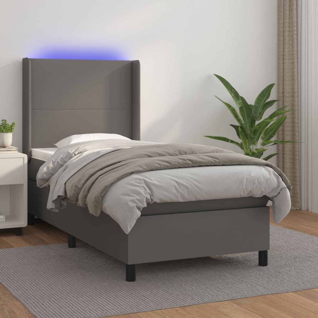Lumarko Łóżko kontynentalne z materacem i LED, szara ekoskóra 90x200 cm