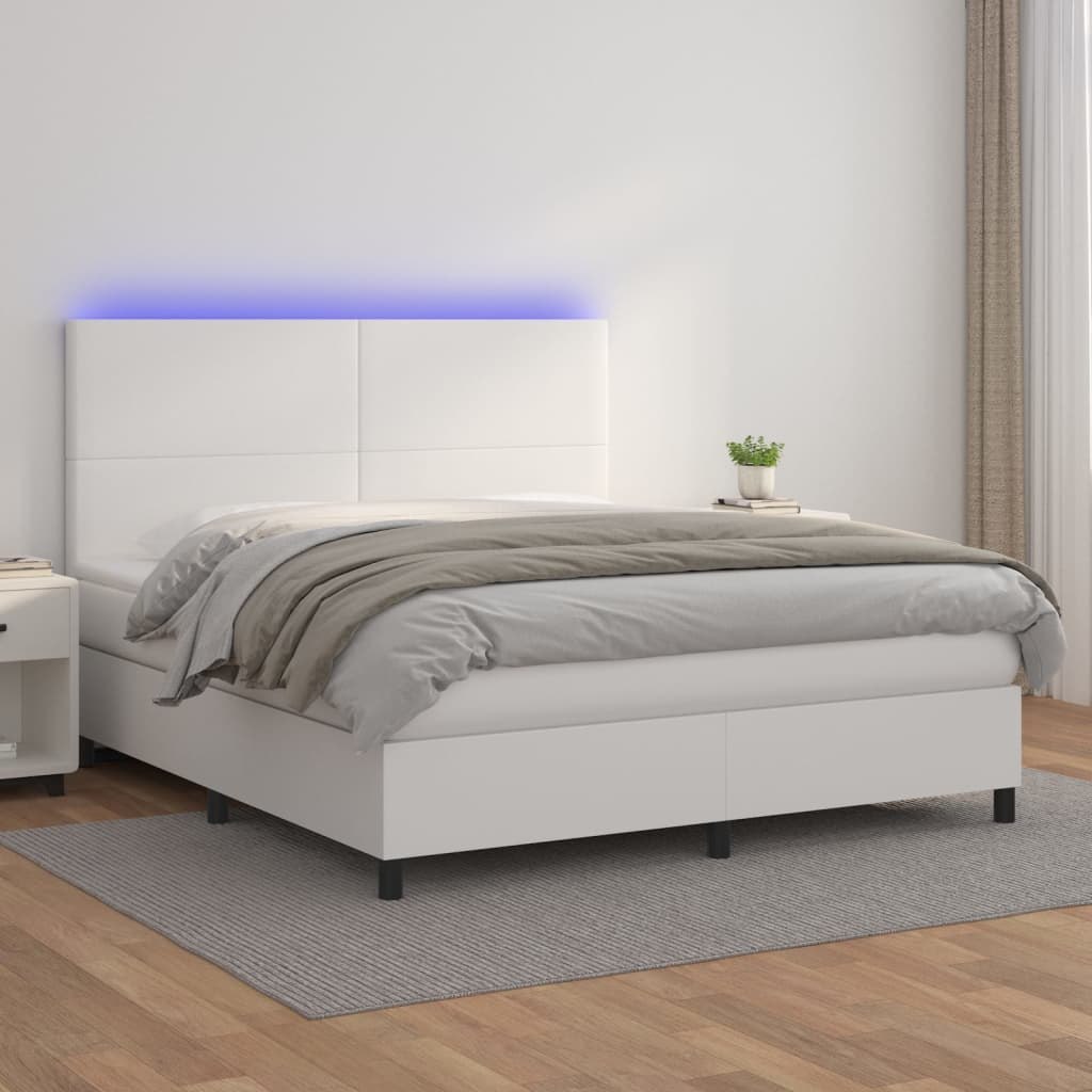 Lumarko Łóżko kontynentalne z materacem i LED, biała ekoskóra 160x200cm