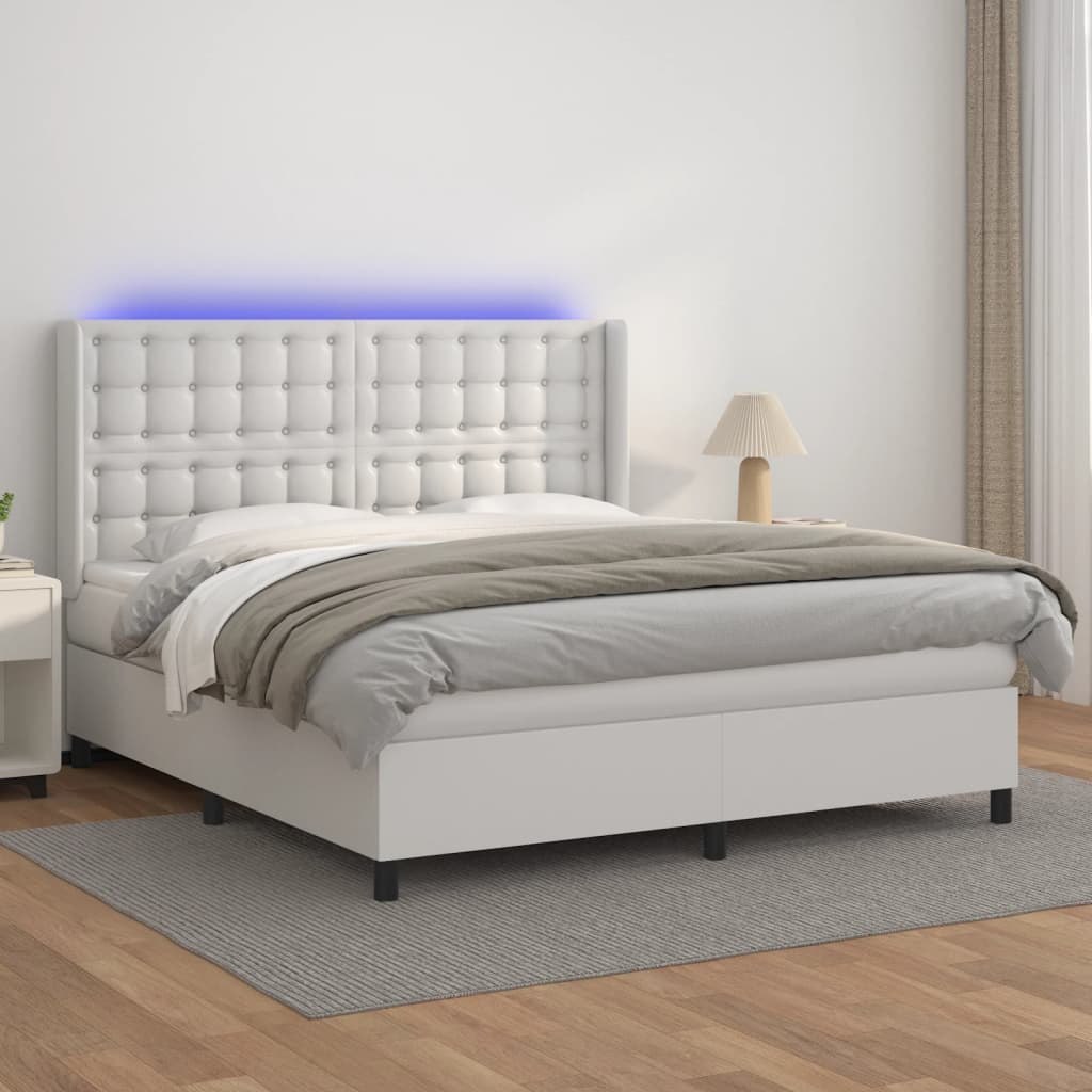 Lumarko Łóżko kontynentalne z materacem i LED, biała ekoskóra 180x200cm