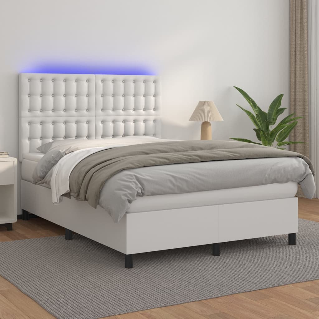 Lumarko Łóżko kontynentalne z materacem i LED  biała ekoskóra 140x190cm