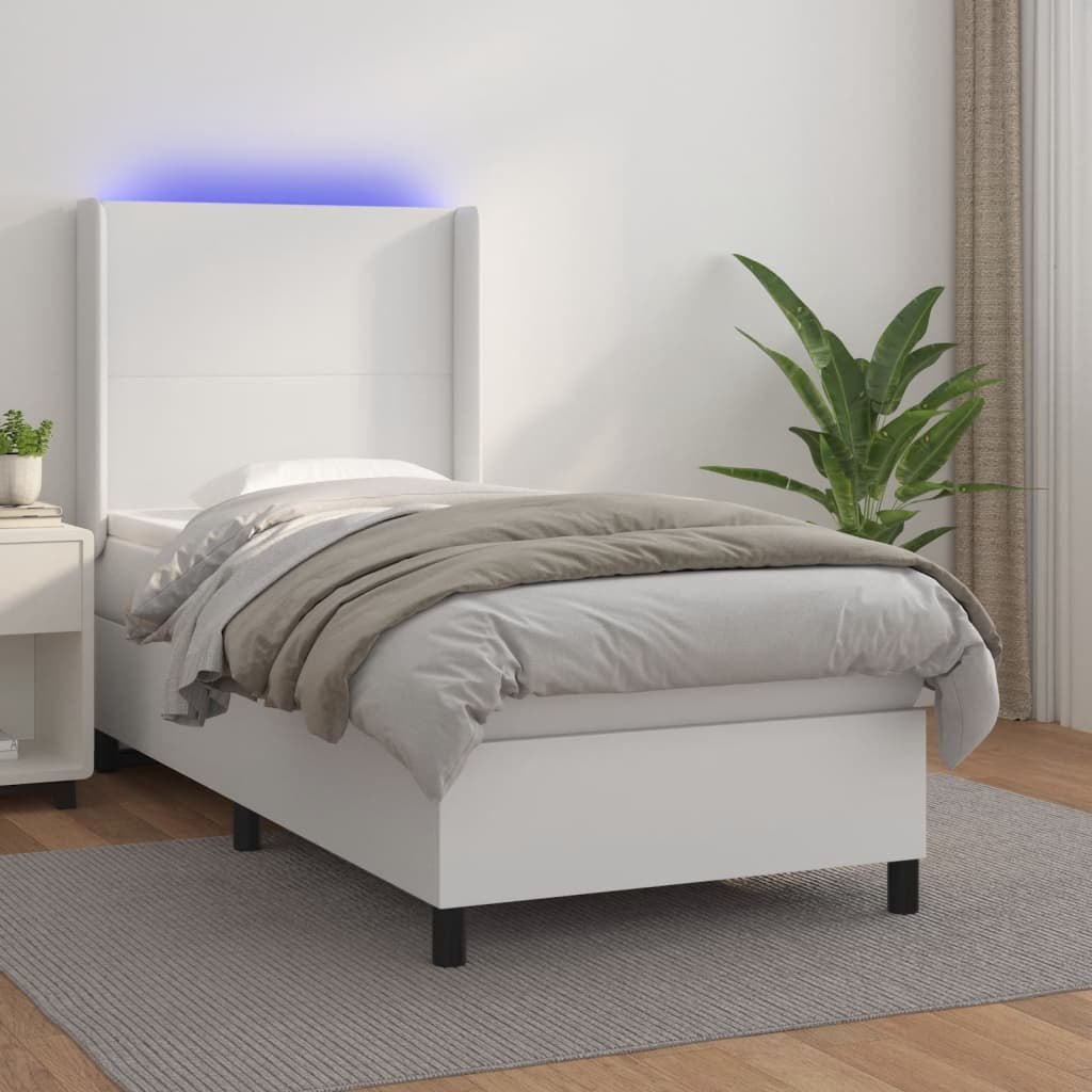 Lumarko Łóżko kontynentalne z materacem i LED, biała ekoskóra 100x200cm