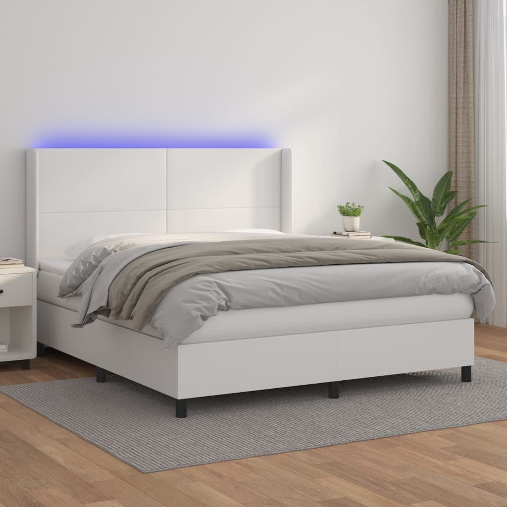 Lumarko Łóżko kontynentalne z materacem i LED, biała ekoskóra 160x200cm