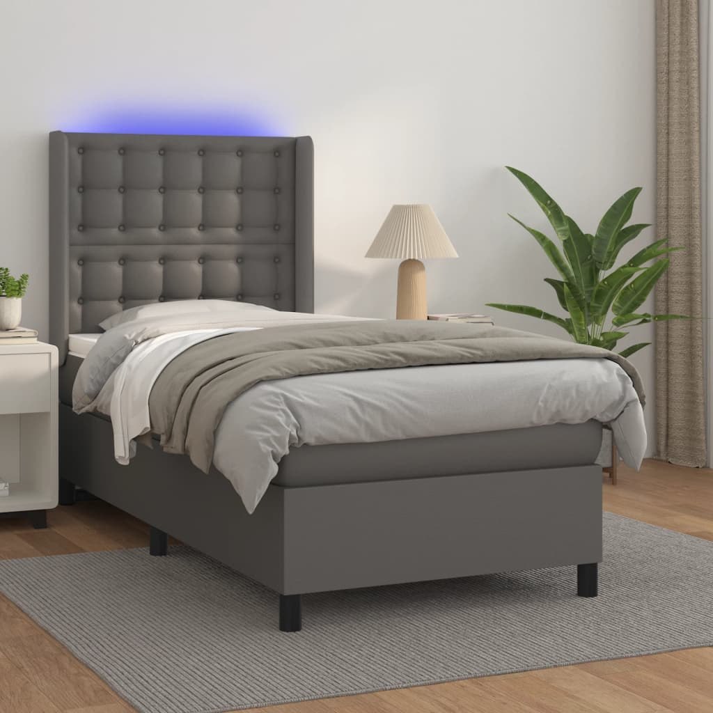 Lumarko Łóżko kontynentalne z materacem i LED, szara ekoskóra 90x200 cm