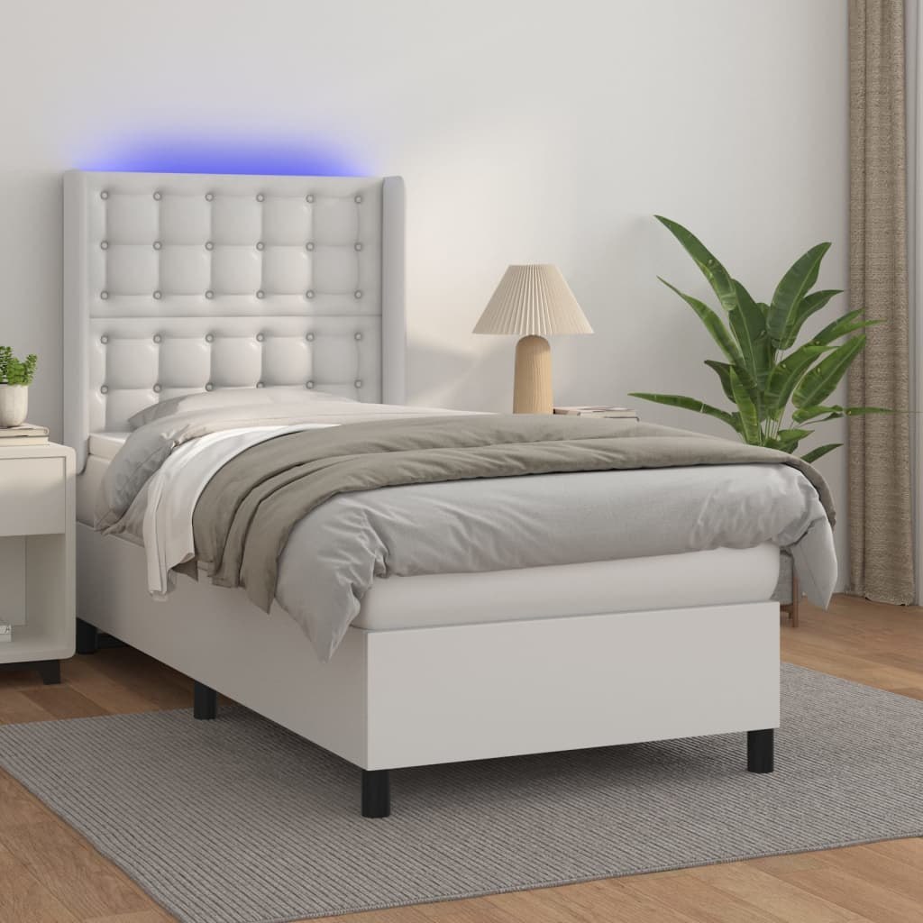 Lumarko Łóżko kontynentalne z materacem i LED, biała ekoskóra 100x200cm