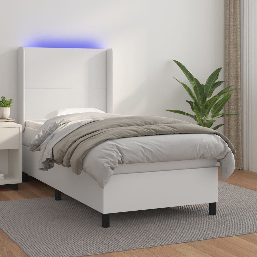 Lumarko Łóżko kontynentalne z materacem i LED, biała ekoskóra 90x190 cm