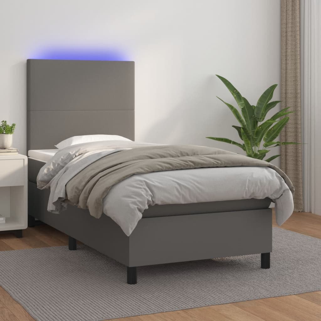 Lumarko Łóżko kontynentalne z materacem i LED, szara ekoskóra 90x190 cm