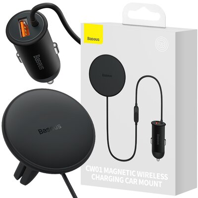 Baseus samochodowa ładowarka bezprzewodowa z uchwytem MagSafe 15W na kratkę nawiewu + USB-A 25W czarna CW01