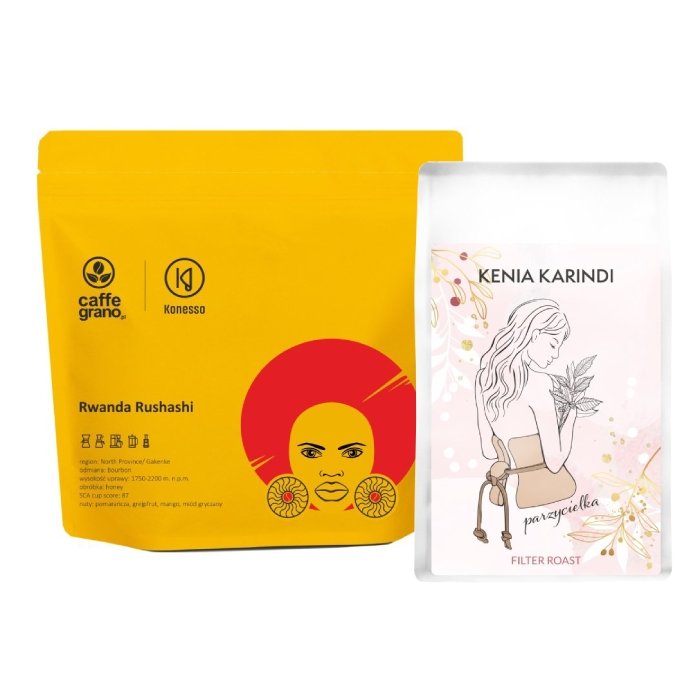 ZESTAW - Kawa ziarnista COFFEE PLANT Kenia Karindi 250g - Parzycielka + Kawa ziarnista Caffe Grano Rwanda Rushashi 250g