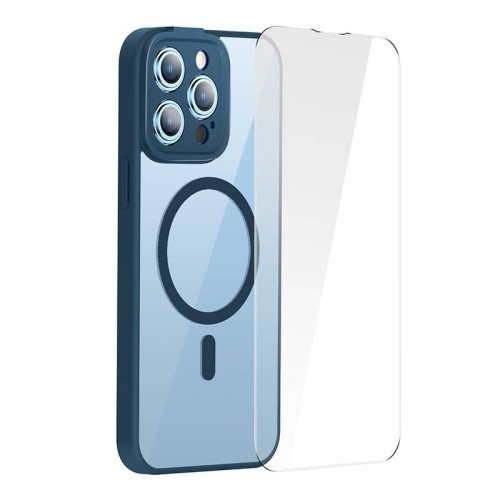 Baseus Zestaw ochronny Frame przeźroczyste etui magnetyczne i szkło hartowane do iPhone 14 Pro Max (niebieski)
