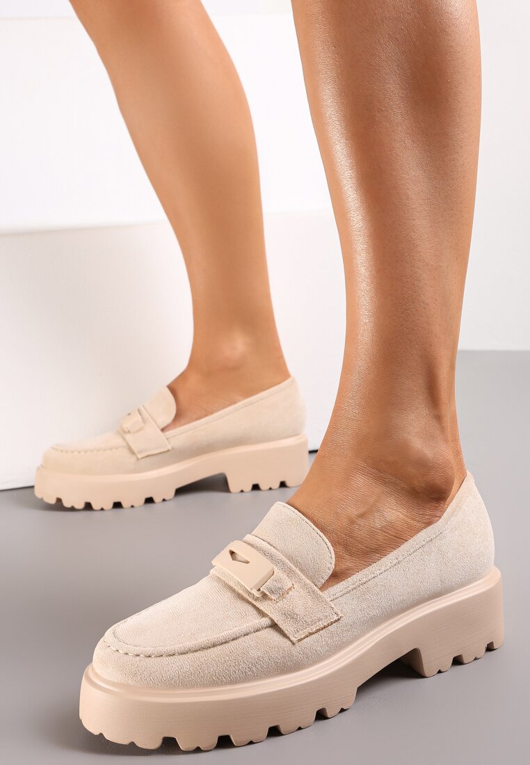 Beżowe Mokasyny na Grubej Podeszwie z Cholewką z Przeszyciami Hamaira