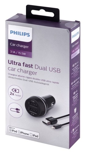 Philips ŁADOWARKA SAMOCHODOWA 2A+1A CZARNA + KABEL IPHONE MFI 3100MAH 2XUSB DUAL 15.5W QUICK CHARGE PHIL-DLP2357V/10