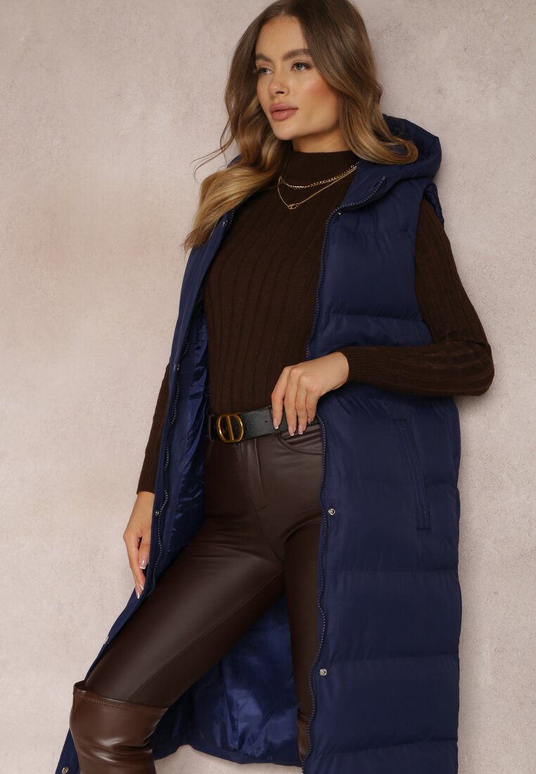 Granatowa Kamizelka Długa z Kapturem Pikowana Mellyn