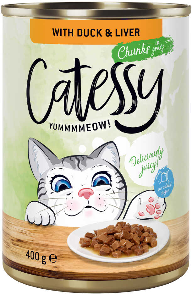 Catessy Kawałeczki w sosie i galarecie, 12 x 400 g - Z kaczką i wątróbką w sosie