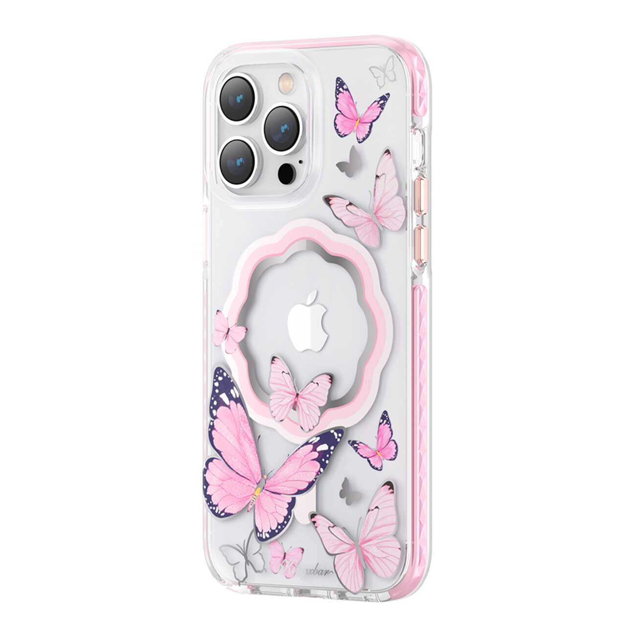 Kingxbar Butterfly Series magnetyczne etui iPhone 14 Plus MagSafe ozdobione nadrukem w motyle różowe