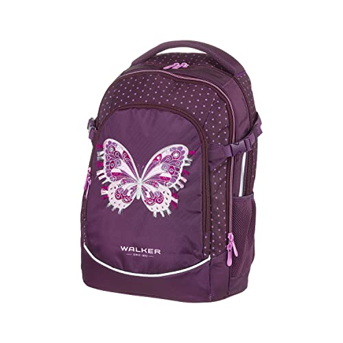 Walker 42043-174 - Plecak szkolny Fame Purple Butterfly z 3 komorami, bocznymi kieszeniami i efektem świetlnym, usztywnienie pleców, regulowany pasek na ramię i klatkę piersiową
