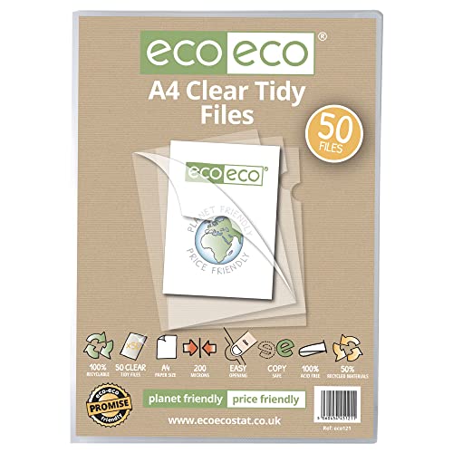 eco-eco A4 50% torba z recyklingu, 50 uporządkowanych plików raportów, 200 mikronów, otwarte górne i boczne pokrywy, portfele na dokumenty, przezroczyste cięcie, eco121