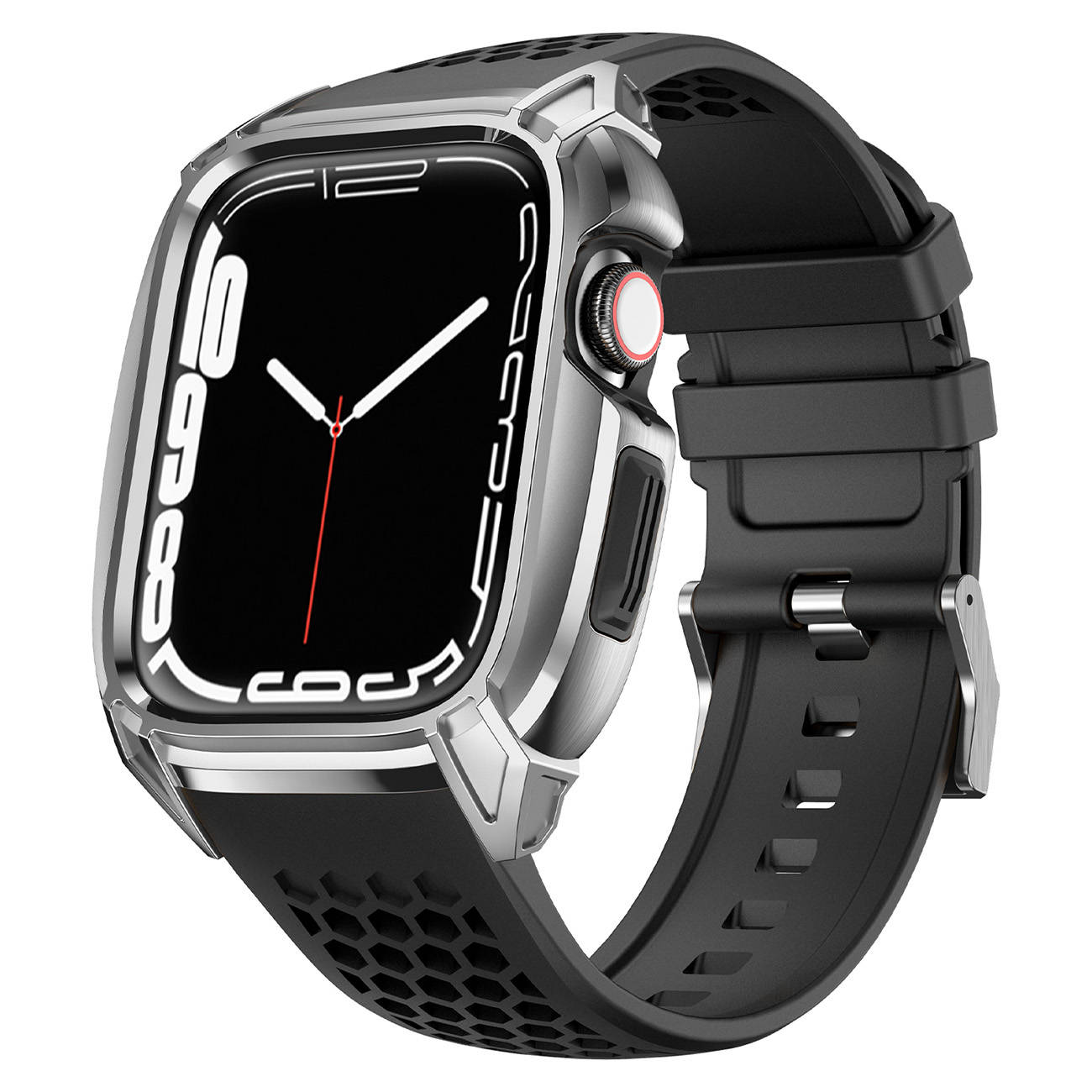 Kingxbar CYF148 2w1 pasek Apple Watch Ultra, SE, 8, 7, 6, 5, 4, 3, 2, 1 (49, 45, 44, 42  mm) z wbudowanym pancernym etui ze stali nierdzewnej srebrny