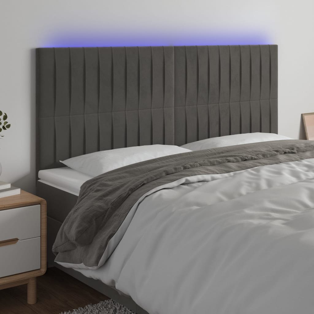 Zagłówek do łóżka z LED, ciemnoszary, 200x5x118/128 cm, aksamit Lumarko