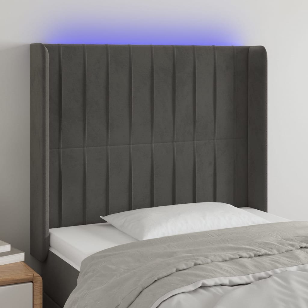 Zagłówek do łóżka z LED, ciemnoszary, 103x16x118/128cm, aksamit Lumarko