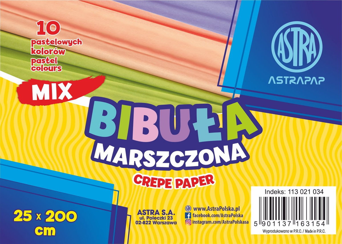 ASTRA art-pap Bibuła marszczona ASTRA 25x200 cm mix 10 kolorów pastelowych - ASTRA art-pap