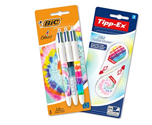 BIC Zestaw biurkowy z BIC zestaw 4 kolorów dekoracyjnych długopisów kulkowych i mini kieszonkowych ozdób myszy, taśmy korekcyjne, różne wzory, zestaw 3 + 2 szt
