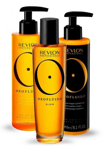 Revlon Orofluido, zestaw rozświetlający do włosów, szampon + odżywka + olejek