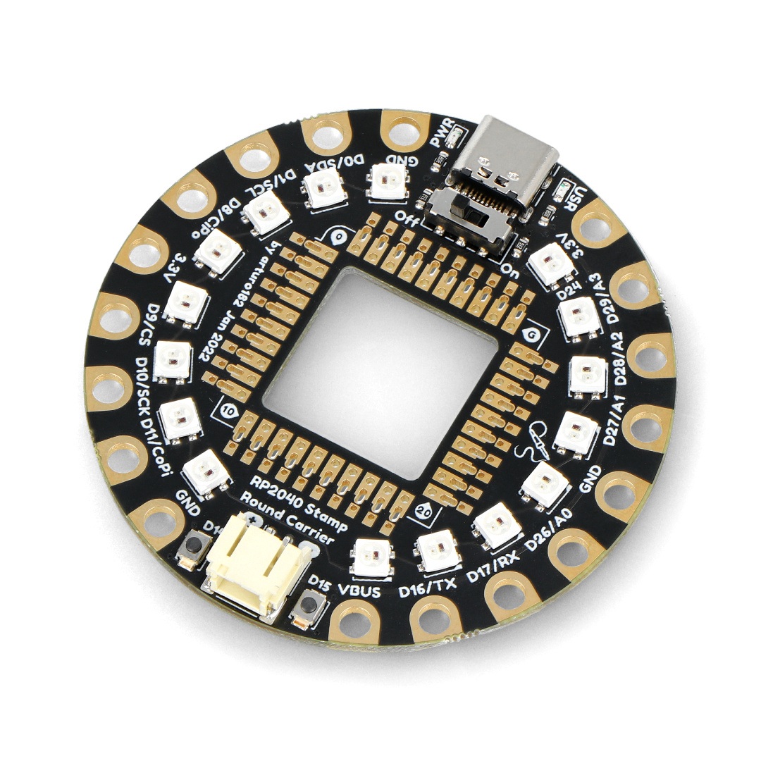 RP2040 Stamap Round Carrier - płytka bazowa do mikrokontrolera RP2040 - 16 diod NeoPixels - PiMoroni SP027