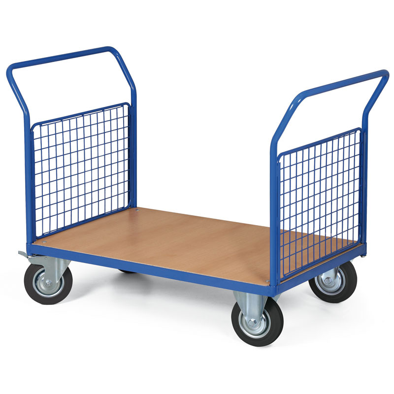 Wózek platformowy - 2 uchwyty z siatką, 1200 x 800 mm, nośność 200 kg, koła 125 mm z czarną gumą