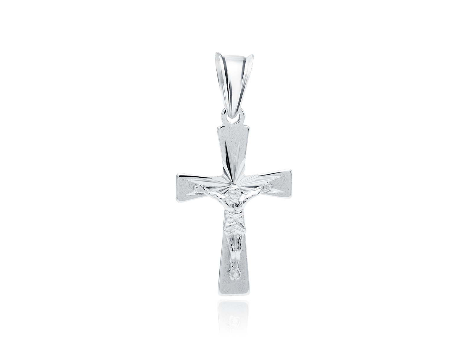 Delikatny rodowany srebrny krzyżyk krzyż z wizerunkiem Chrystusa diamentowany wzór srebro 925 K0229R