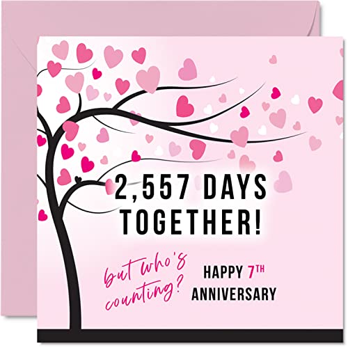 Śmieszna miedziana kartka rocznicowa dla żony lub męża - 2557 dni razem - prezenty 'I Love You', kartki z okazji 7. rocznicy ślubu dla partnera, 145 mm x 145 mm kartki z życzeniami na siódme rocznice