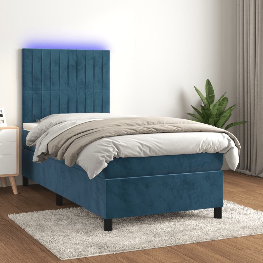 Łóżko kontynentalne, materac i LED, niebieski aksamit 100x200cm Lumarko