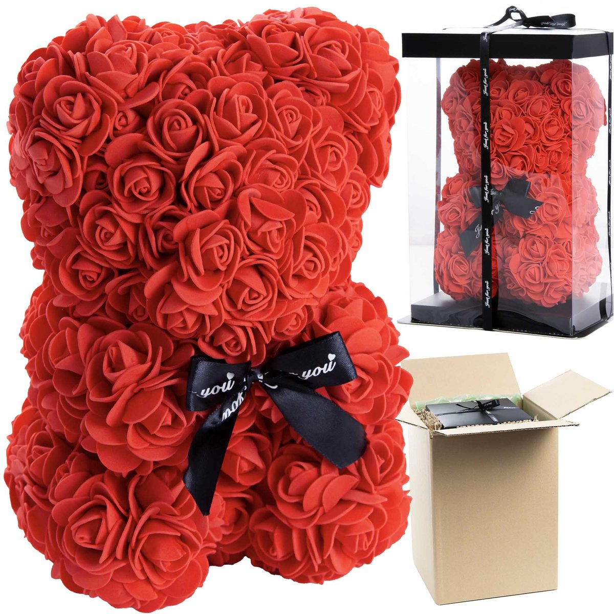 Miś Z Róż Walentynki Prezent Dla Kobiet Rose Bear Z Czerwonych Płatków Róż 25 Cm Z Pudełkiem
