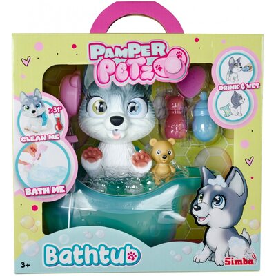 Simba Pamper Petz Husky z wanną, z funkcją pompowania, butelka do picia, butelka z pianką, strzykawka wody, zabawka dla psa 25 cm, od 3 lat 105953560