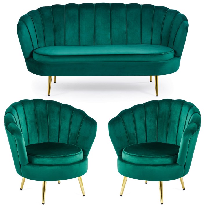 Sofa + 2 fotele muszelki ELIF / butelkowa zieleń #56, złote nogi