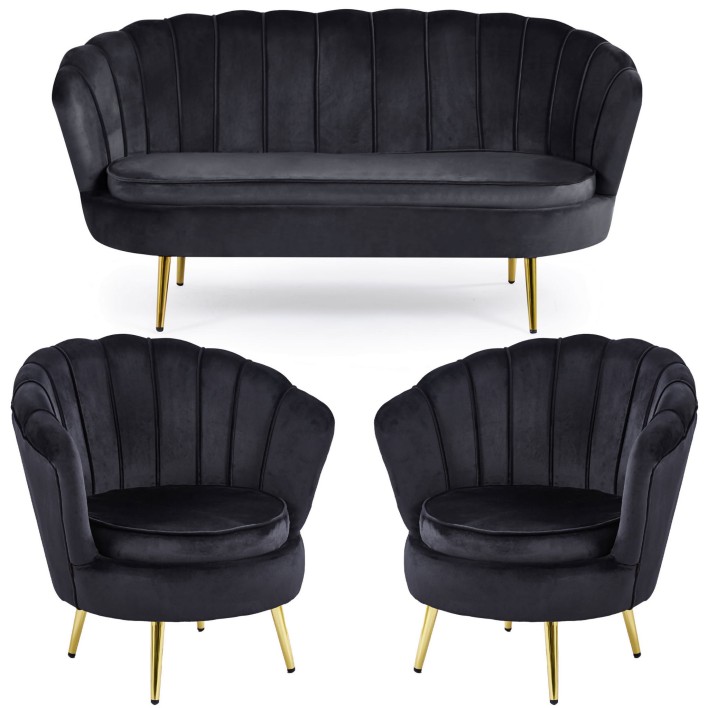 Zestaw Glamour: sofa + 2 fotele muszelki ELIF czarny welur, złote nogi
