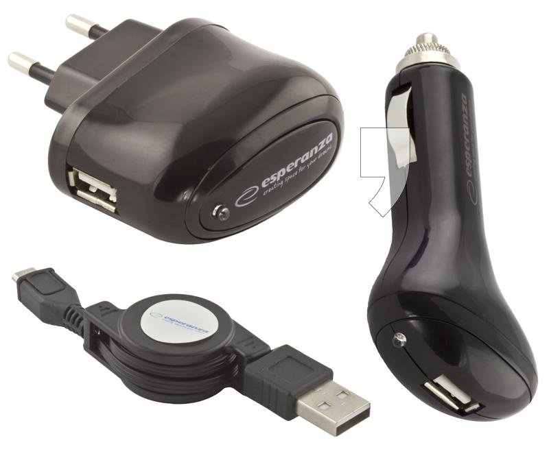 Esperanza ZESTAW ŁADOWAREK 1000mA SIEC/SAM USB/microUSB EZ116