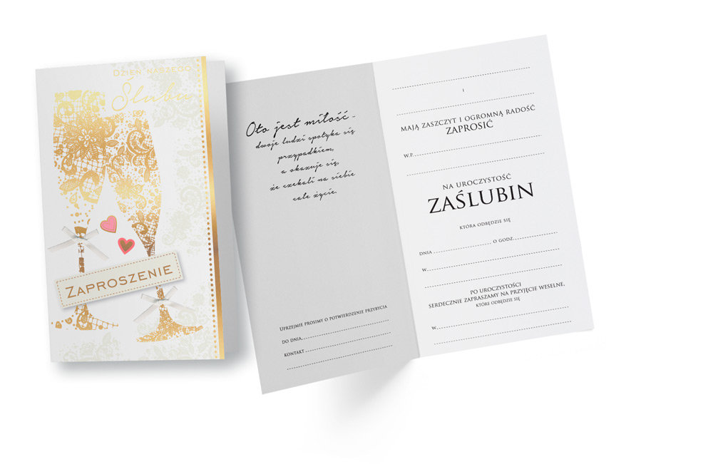 PASSION CARDS ZAPROSZENIE NA ŚLUB ZE ZŁOTYMI ZDOBIENIAMI + KOPERTA